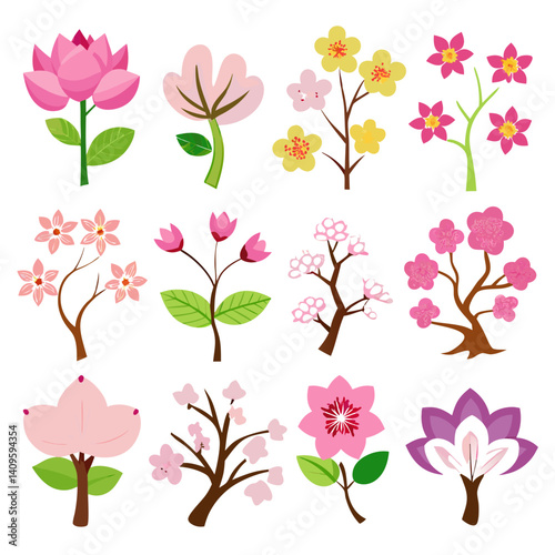 Variety of Colorful Flower Illustrations on a White Background