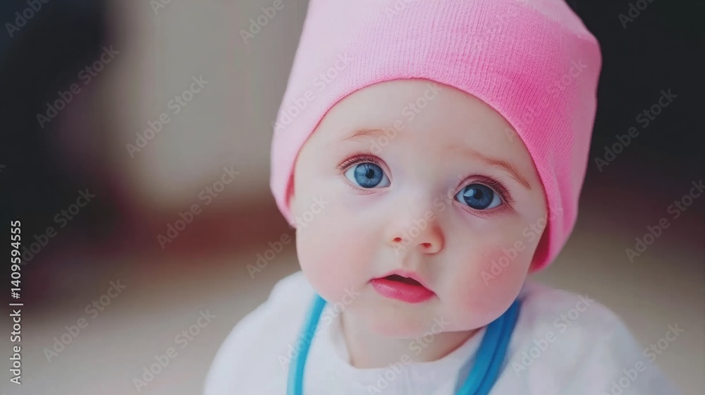 Sweet baby with big blue eyes wearing a pink hat looking curiously at the camera in a soft and warm indoor setting, evoking innocence and charm.
