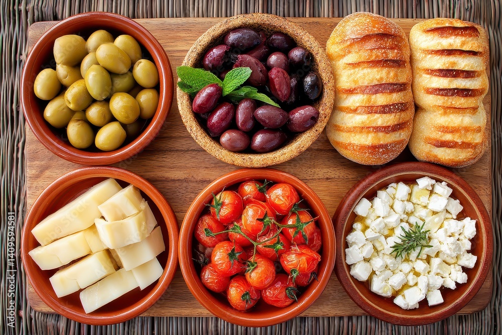 Overhead View of Mediterranean Appetizer Platter with Olives, Tomatoes, and Cheese Overhead View of Mediterranean Appetizer Platter with Olives, Tomatoes, and Cheese