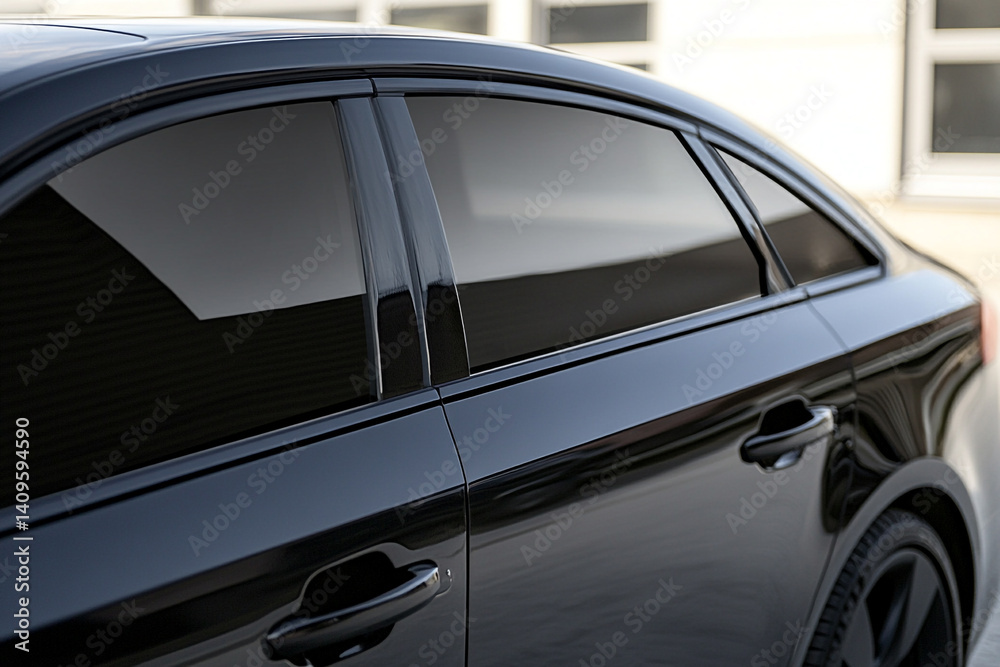 Fototapeta premium Sleek black car side profile reflecting sunlight stylish and elegant design
