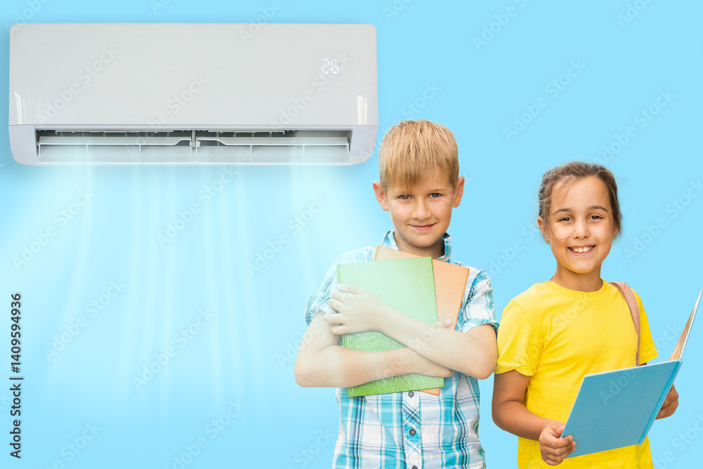 Because of the hot weather, children under the air conditioner
