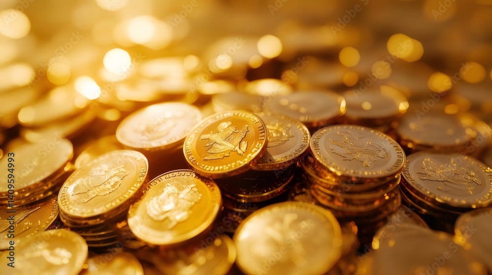 金色の輝きの中に積み重なる金貨のクローズアップ富と豊かさの象徴 金色の輝きの中に積み重なる金貨のクローズアップ富と豊かさの象徴