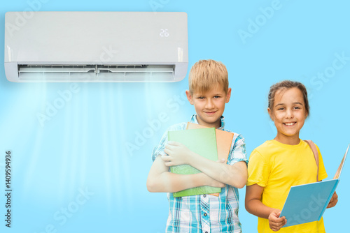 Obraz na płótnie Because of the hot weather, children under the air conditioner w salonie