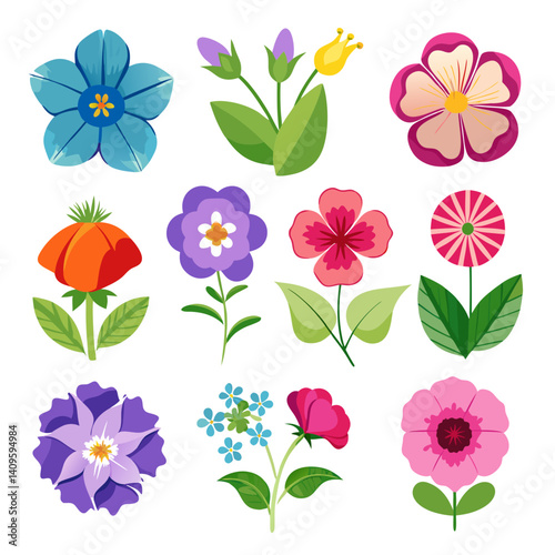Colorful floral illustration with various flower designs isolated