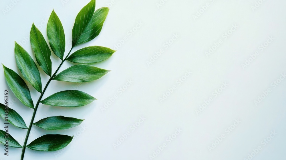 Fototapeta premium A minimal shot of green leaf branch on a white background, clean and fresh.