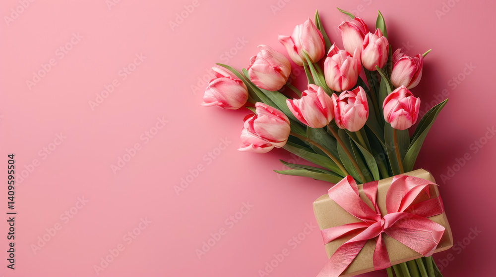 Fototapeta premium bouquet of tulips on pink background with copy space