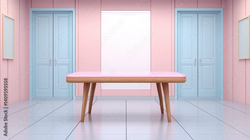 Modern Minimalist Room with Pink Table Surrounded by Soft Pastel Walls and Doors Featuring a Clean and Bright Aesthetic for Stylish Interior Photography