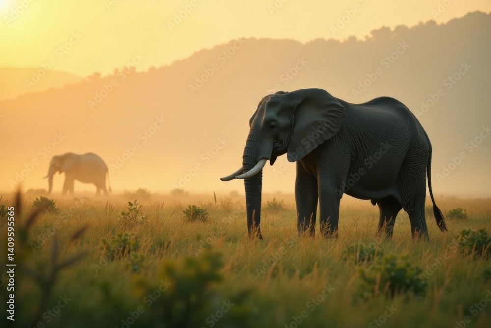Obraz premium Misty morning with elephant in grassy savannah, green, jungle