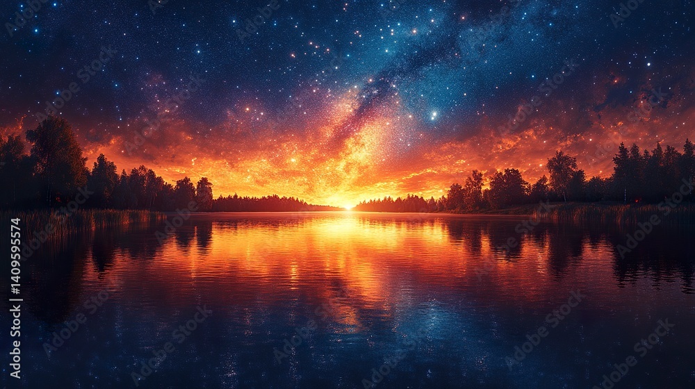 Obraz premium Milky Way stars blending with sunset colors above peaceful water, panoramic view, dark silhouettes of trees, magical and serene scene 