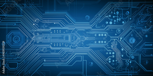 Blue digital circuit board background with futuristic technology elements
