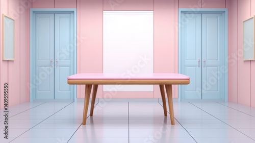 Obraz na płótnie Modern Minimalist Room with Pink Table Surrounded by Soft Pastel Walls and Doors Featuring a Clean and Bright Aesthetic for Stylish Interior Photography w salonie