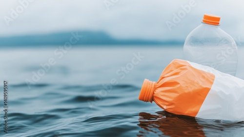 Obraz na płótnie Plastic Bottles Floating on Calm Water Surface Depicting Pollution and Environmental Concerns in Marine Ecosystems with Blurred Background w salonie