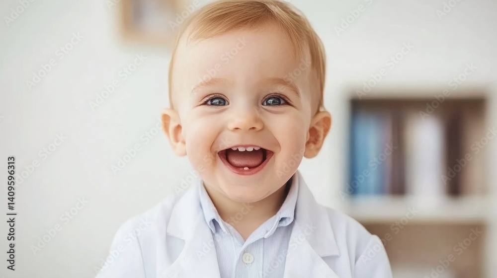 Happy toddler wearing a doctor's coat with a cheerful smile, showcasing innocence and joy in a bright and welcoming medical environment