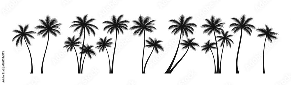 Naklejka premium Vector Illustration of Silhouetted Palm Trees Arranged in a Row with Elegant and Minimal Design Ideal for Tropical Backgrounds and Decorative Purposes