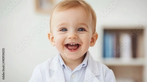 Obraz na płótnie Happy toddler wearing a doctor's coat with a cheerful smile, showcasing innocence and joy in a bright and welcoming medical environment w salonie