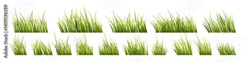 Vector Illustration of Vibrant Green Grass Elements on a White Background Showcasing Various Growth Styles and Arrangements