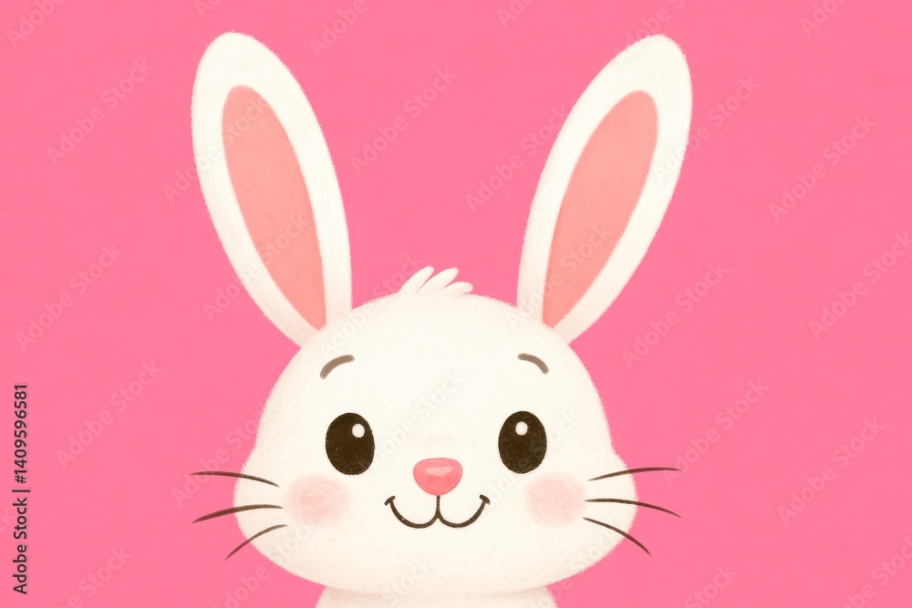 Fototapeta premium A cute cartoon bunny with big ears smiles against a pink background. Concept of: Easter holiday.