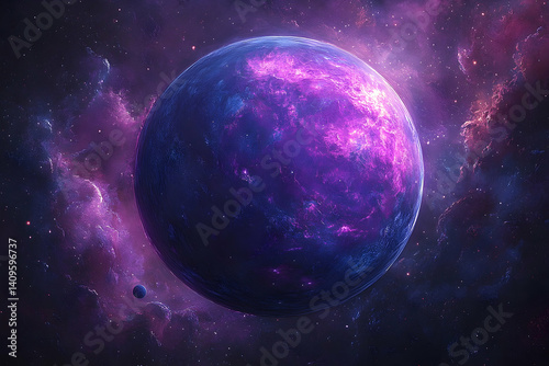 A vibrant, purple planet bathed in cosmic nebulae.