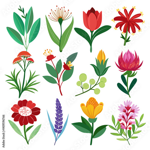 Set of colorful stylized flowers and plants collection