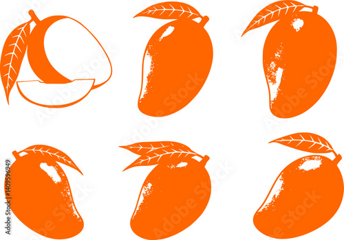 set of modern mangoes illustrated by hand - orange and white mangoes isolated on a white background