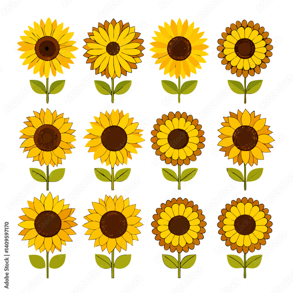 Variety of simple, stylish sunflower vector graphics on white Variety of simple, stylish sunflower vector graphics on white