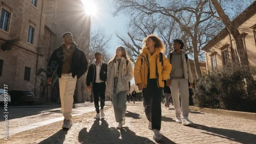 Group of College Students Walking on Campus on a Sunny Day Generative AI