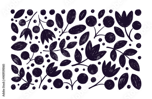 Set of crayon drawn flowers, branches with leaves and berries. Abstract decorative botanical elements.