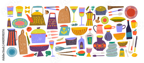 Collection of crayon drawn kitchen appliances and accessories with decorative patterns.