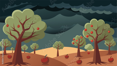 The hopelessness of the barren orchard is highlighted by the looming storm clouds on the horizon a sign of the everworsening weather patterns.. Vector illustration
