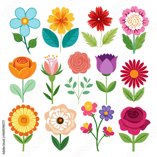 Colorful Botanical Flower Collection with Leaves and Stems