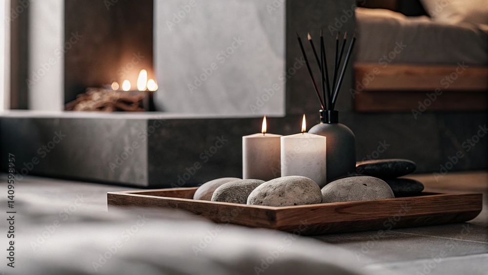 Close-Up of Meditation Stones, Candles, and Aroma Diffuser in Cozy Apartment Corner 34
