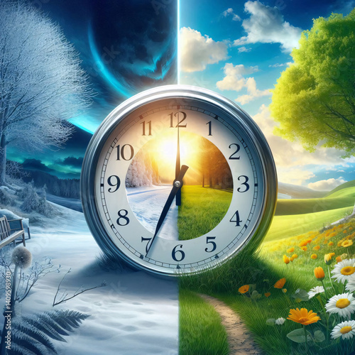 Clock showing daylight saving time change with symbolic winter-to-spring transition and seasonal nature background