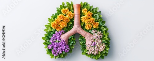 Creative Concept of Lungs Formed with Colorful Flowers and Green Leaves for Nature and Health Themes