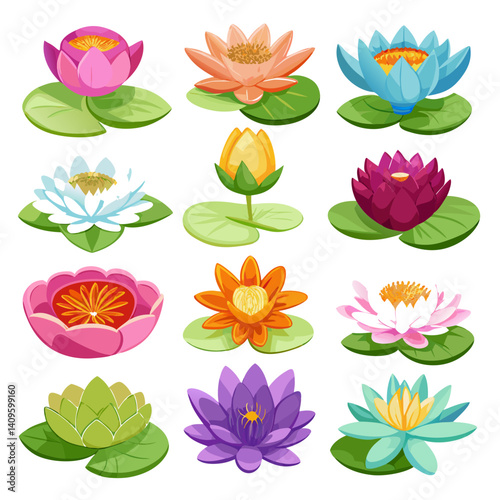 Collection of Vibrant Water Lily Flowers with Green Pads