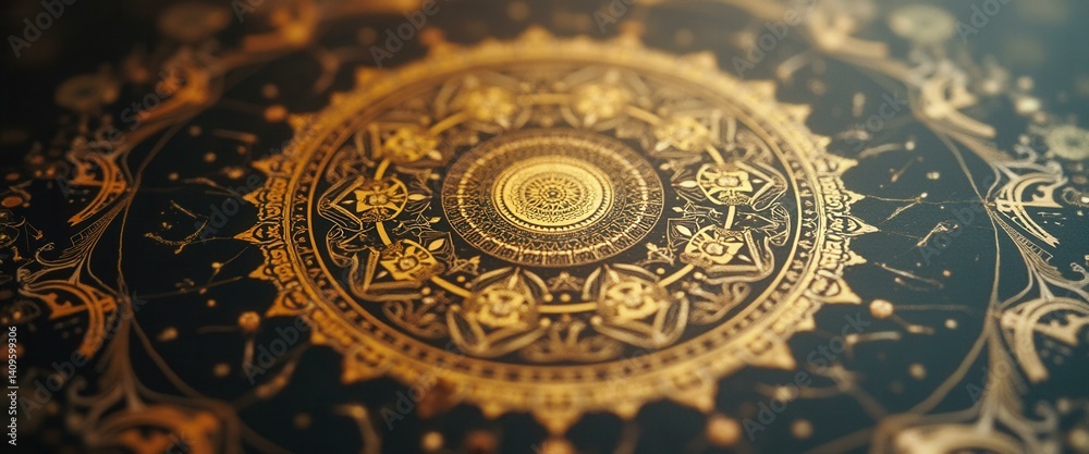 Intricate Gold Mandala Pattern on Dark Surface - Ancient, Sacred Geometry, Decorative Art Intricate Gold Mandala Pattern on Dark Surface - Ancient, Sacred Geometry, Decorative Art