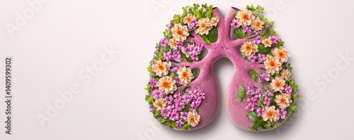 Lungs Decorated with Colorful Flowers and Green Leaves for a Conceptual Illustration of Health and Vitality