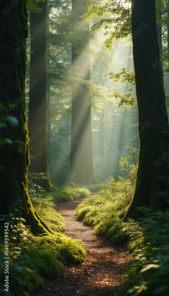 Obraz premium Sunlit Forest Path: A Tranquil Walk Through Mossy Trees in a Peaceful Woodland Scene