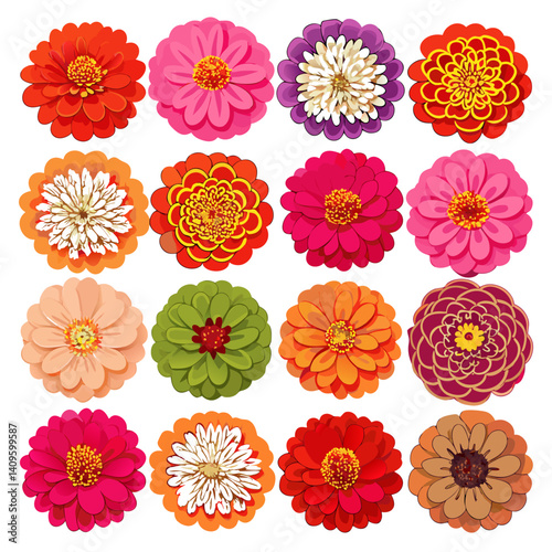 Vibrant Zinnias: Colorful Vector Flowers Set on White