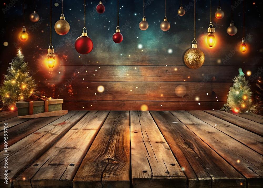 A rustic wooden table scene set for a magical Christmas Eve, adorned with twinkling lights, hanging ornaments, and miniature Christmas trees, creating a warm and inviting atmosphere. A rustic wooden table scene set for a magical Christmas Eve, adorned with twinkling lights, hanging ornaments, and miniature Christmas trees, creating a warm and inviting atmosphere.