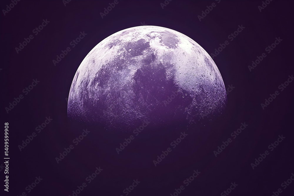 A crescent moon, rendered in a muted purple hue, against a deep violet sky.