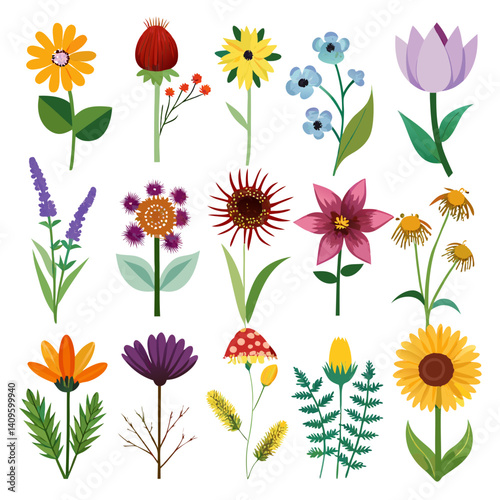 Assorted Flower Collection Vector Illustration on White Background