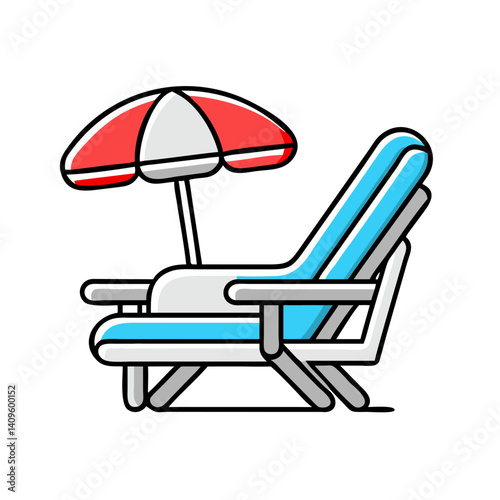 Beach chair and umbrella represent vacation and leisure.