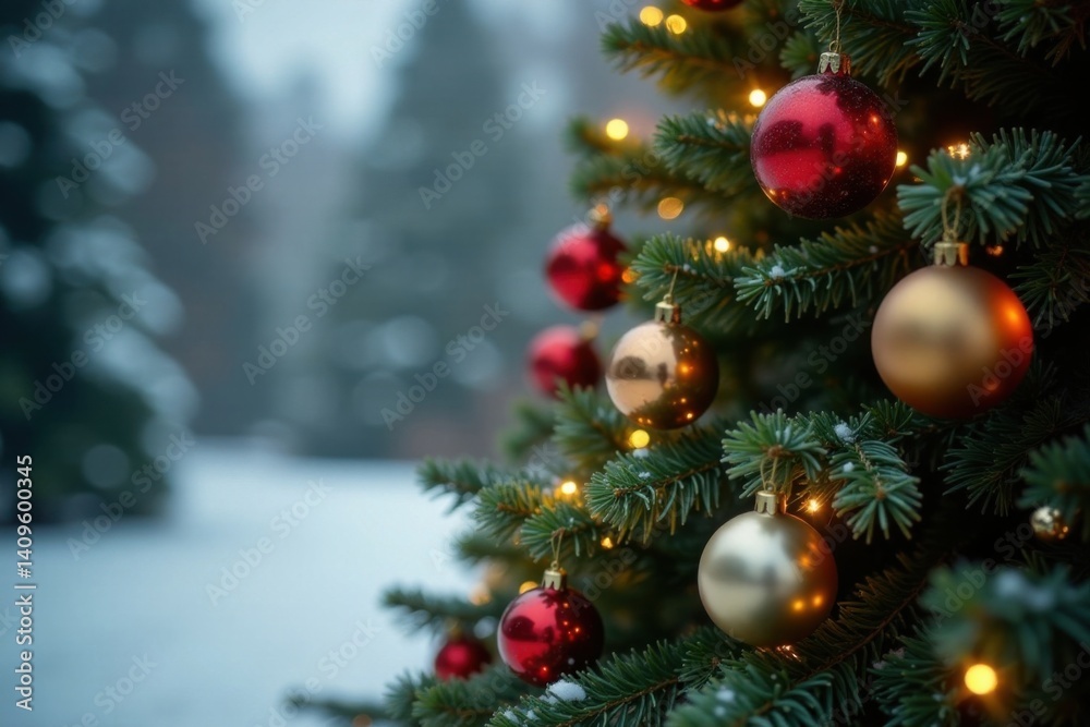 Fototapeta premium Evergreen Christmas tree with ornaments and lights against a warm winter background, evergreen forest, background