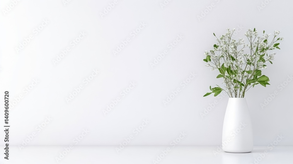 Minimalist white interior with a vase of small flowers Minimalist white interior with a vase of small flowers