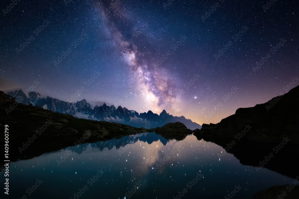 Fototapeta premium Celestial Reflections: Mountain Majesty Under a Starry Sky.