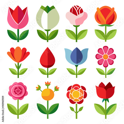 Geometric Flowers Icon Set Flat Design Spring Season