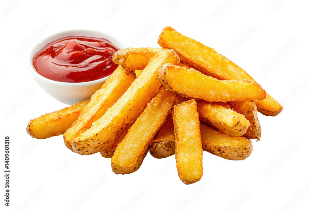 Delicious french fries with ketchup restaurant kitchen food bright. Isolated on transparent background, png. Delicious french fries with ketchup restaurant kitchen food bright. Isolated on transparent background, png.