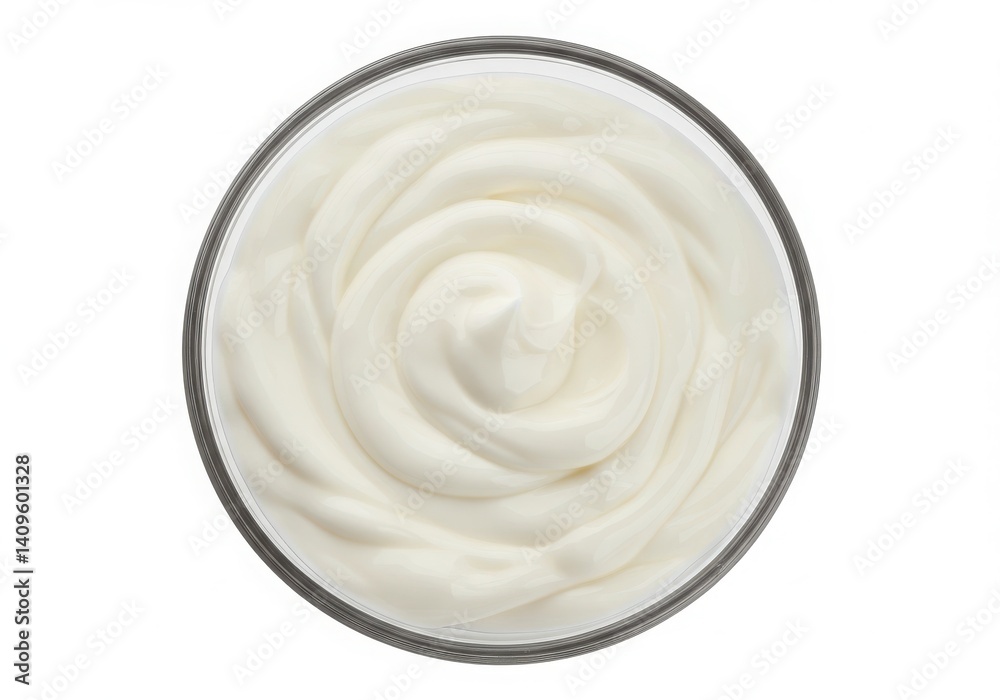 Close up top view of a glass bowl filled with creamy white yogurt on a white background surface Close up top view of a glass bowl filled with creamy white yogurt on a white background surface