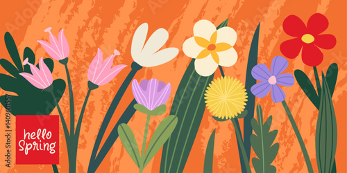 Spring background with blooming flowers in vector, flat style.