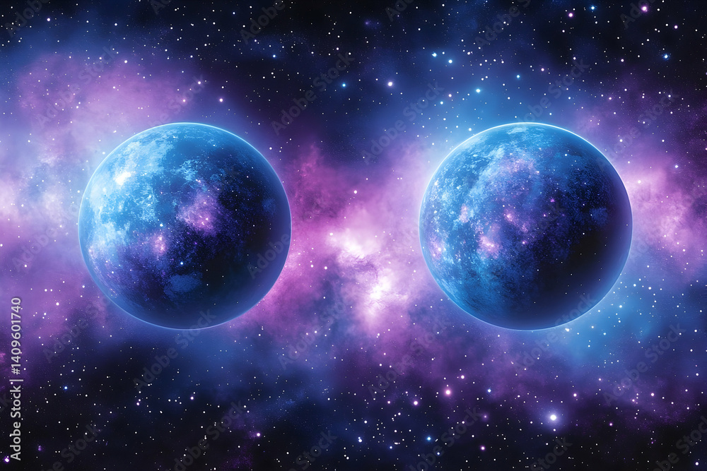 Obraz premium Two vibrant blue planets in a cosmic nebula.